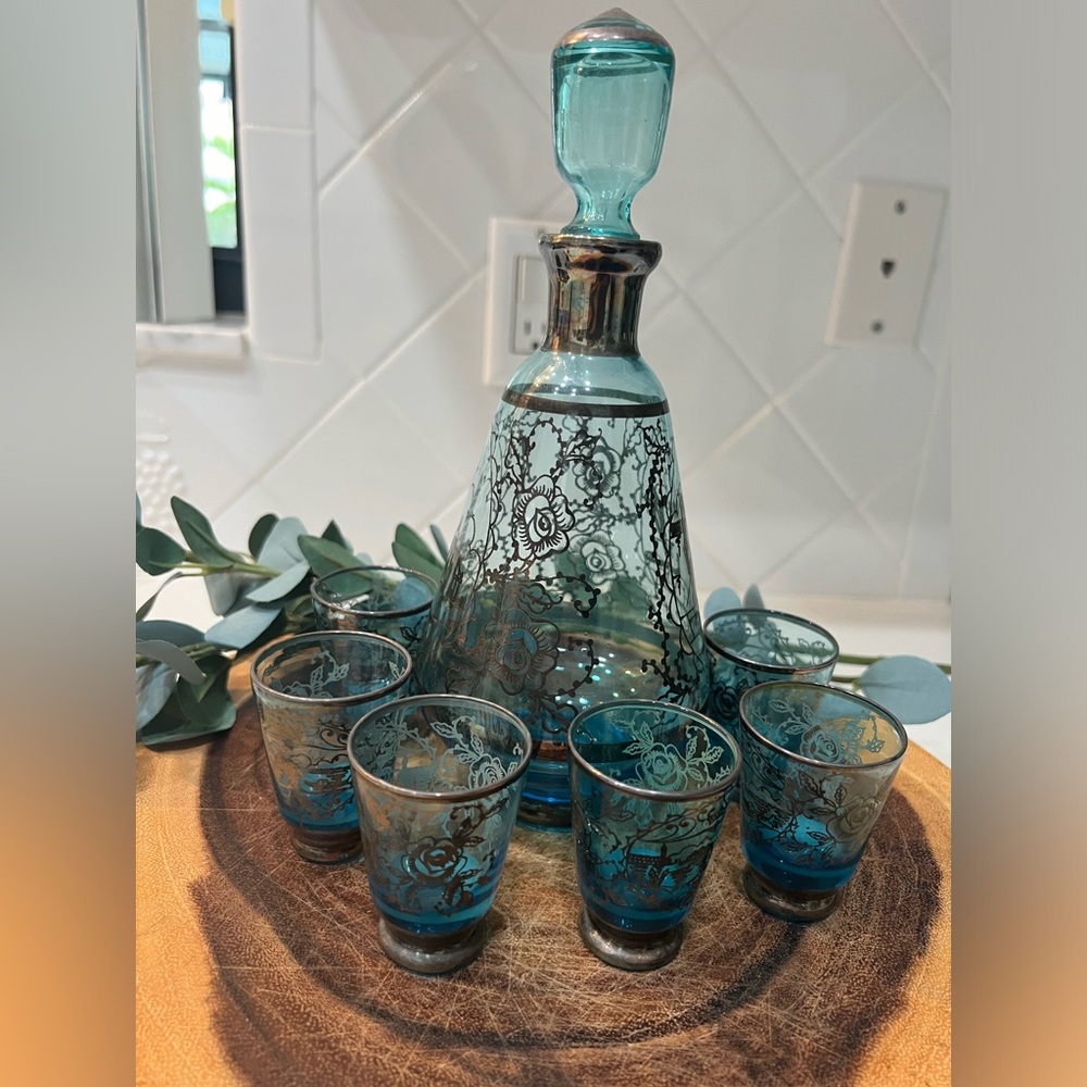 MCM Sterling Overlay Venice Scenes on Aqua Blue Glass Decanter w/ 5 Glasses
